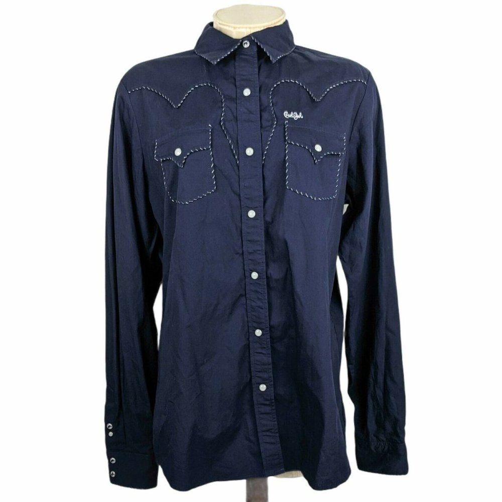 Navy Blue Pearl Snap Metallic Silver Stitch Detail